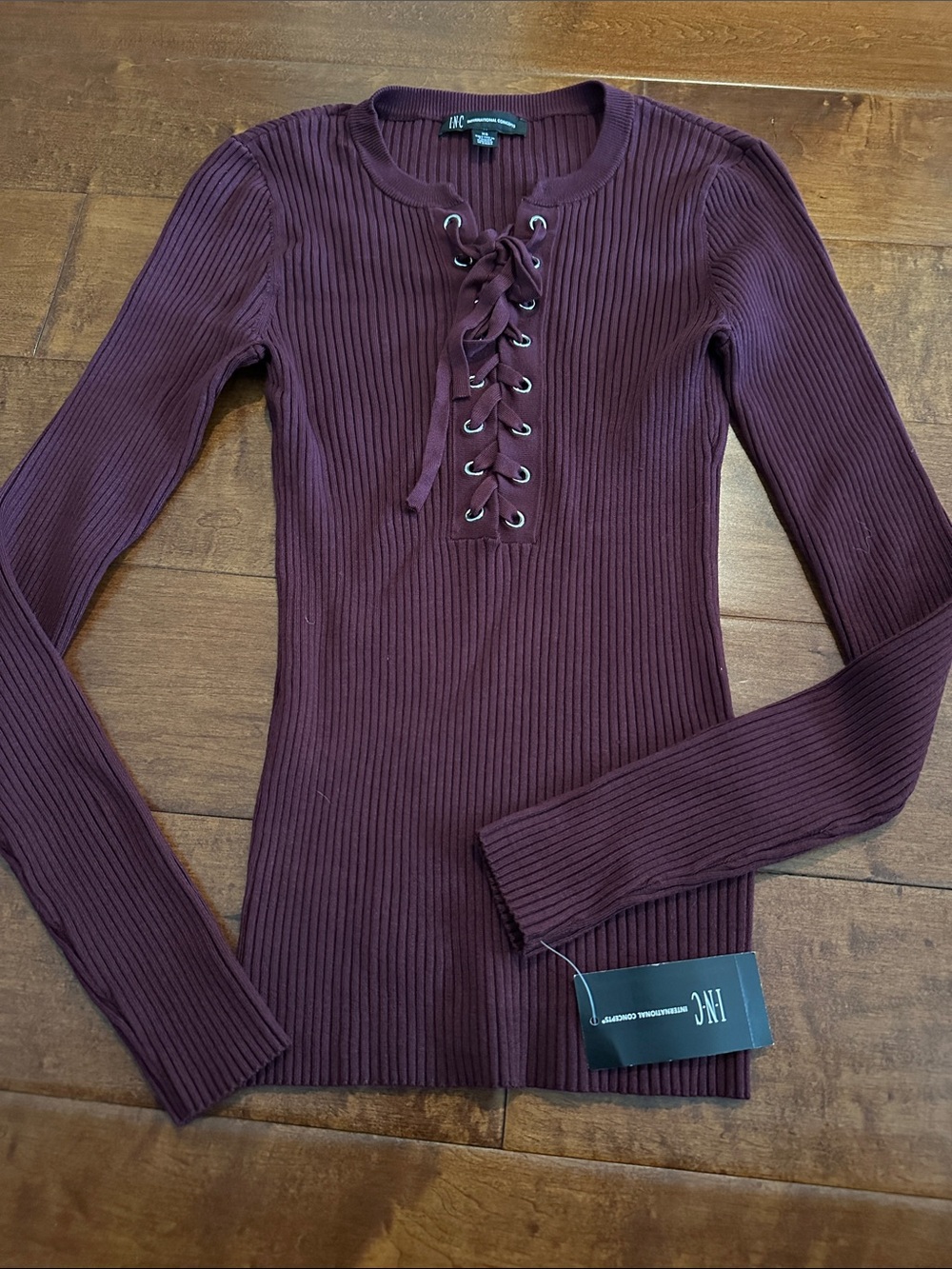 INC International Concepts Ribbed Lace-Up Pullover in Port Color
